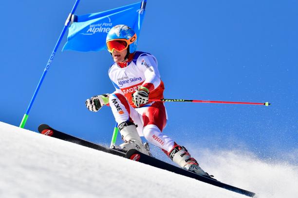 Theo Gmur - La Molina 2019 male Para alpine standing skier Theo Gmur skies through a gate
