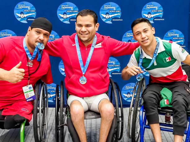Mexico Diego Lopez Diaz - Indianapolis 2019 World Series - Para swimming Three men in wheelchairs in a podium