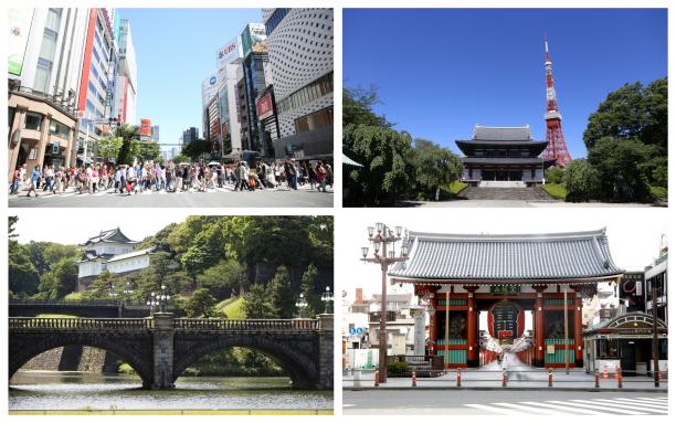 Tokyo 2020 marathon course - collage landmarks in Tokyo, including the Tokyo Tower and Imperial Palace