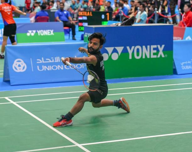 Krishna Nagar - Fazza 2019 male Para badminton player Krishna Nagar plays a forehand