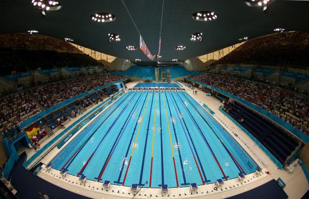 London Aquatic Centre a high wide shot of the swimming pool at the London 2012 Aquatic Centre