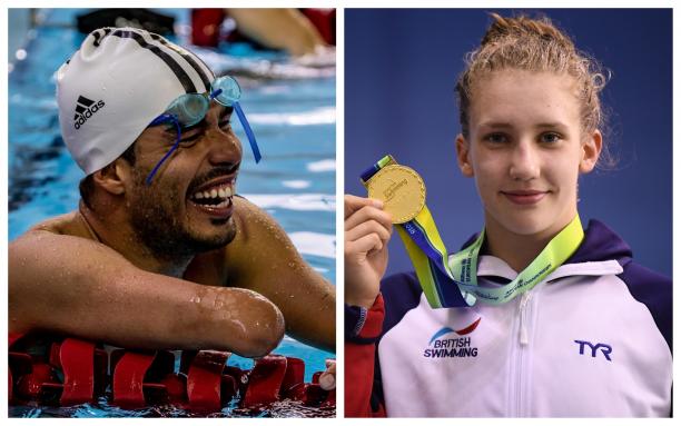 male Para swimmer Daniel Dias laughs in the pool and female Para swimmer Louise Fiddes holds up a gold medal