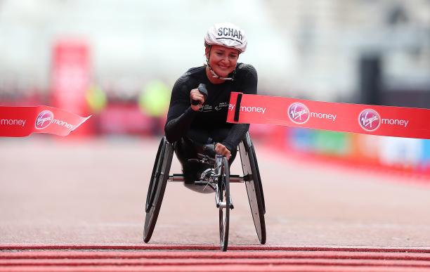 Manuela Schaer - London Marathon 2019 Female wheelchair racer Manuela Schaer breaks the tape at the finish line