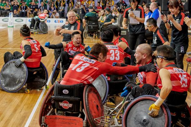 Japan win wheelchair rugby World title a group of Japanese wheelchair rugby players celebrate on the court
