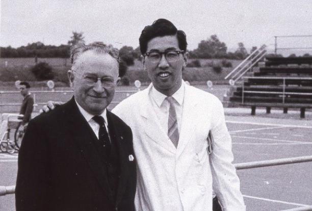 Yutaka Nakamura and Sir Ludwig Guttmann Black and white photo of Japanese man posing with Sir Ludwig Guttman