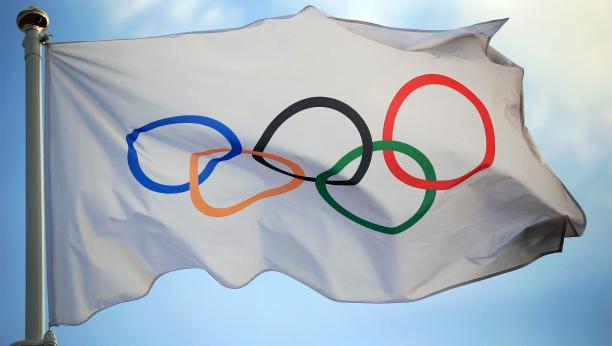 IOC Olympic flag Olympic flag with the rings waving in the air