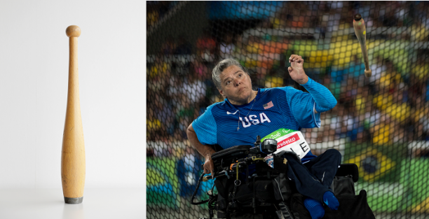 Club Throw - Para Athletics - Tokyo 2020 A wooden club and a woman in a power chair throwing a club