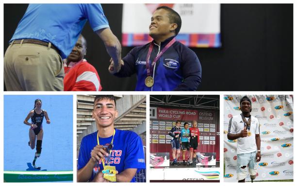 Americas Athlete of the Month - May 2019 Collage made up of five photos of Allysa Seely, Anssell Miranda Martinez, Carolina Munevar, Herbert Aceituno and Sherman Guity