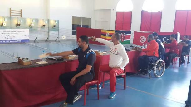 Tunis 2018 Shooting Para Sport Open International Five men competing in an indoor shooting event