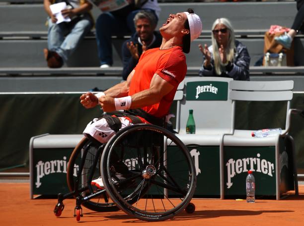 Gustavo Fernandez - wheelchair tennis - Argentina Argentinian wheelchair tennis player Gustavo Fernandez celebrates screaming at the sky after winning Roland Garros