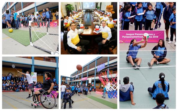 Four photos in a collage showing shoolchildren trying Para sports and one of Peruvian President and his Cabinet of Ministers wearing Lima 2019 gear