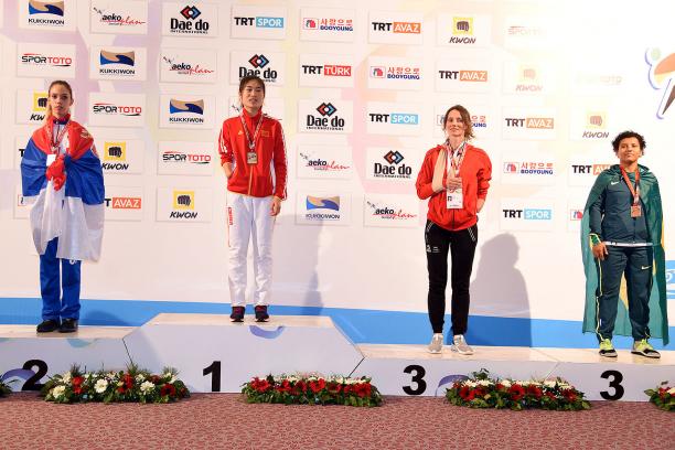 Yujie Li - Antalya 2019 four female taekowondo fighters on the podium with Yujie Li on the top step