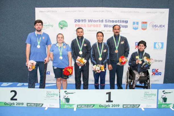 India - shooting Para sport - Osijek World Cup Ukrainian and Indian shooting Para sport athletes pose on the podium