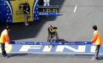 Tatyana McFadden, a wheelchair racer, crosses the Boston Marathon finish line