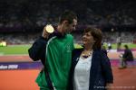 Michael McKillop, Ireland, during the victory ceremony on top of the podium with his gold medal in the London 2012 Paralympic Games.