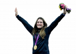 Image of a female athlete raising her arms in celebration of a gold medal.