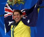 An Australian swimmer celebrates winning a gold medal at the Sydney 2000 Paralympic Games.