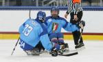Two sledge hockey players in blue jerseys on the ice