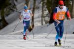 Female cross country skier behind a male cross country skier with orange bib on a track