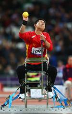 China's Liwan Yang competes in the women's shot put - F54/55/56 final at  the London 2012 Paralympic Games.