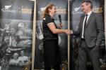 Paralympics NZ CEO Fiona Allan shakes hands with sponsor Marty Kerr from VISA