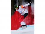 John Leslie of Canada competes during the Men's Para Snowboard Cross Standing at the Sochi 2014 Paralympic Winter Games.