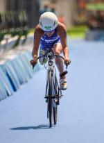 Liisa Litja FIN competes during the cycling leg of the Women PT2 Triathlon at Fort Copacabana.