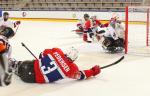 A Para ice hockey player reaches for the puck