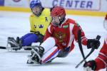 Ice sledge hockey players battle it out