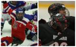 Para ice hockey players celebrate scoring goals