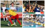 Para footballers challenge for the ball, fans cheering and Para swimmers diving into the pool 