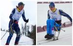 a male and female Para Nordic skiers competing