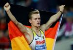 Johannes Floors of Germany celebrates after winning gold in the final of the mens 200m T43 at the London 2017 World Para Athletics Championships.