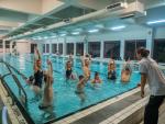 Expert trainers and athletes teaching children how to swim
