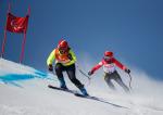 a female vision impaired skier and her guide take on a gate