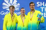 three male swimmers on the podium