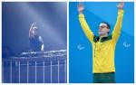 a male DJ at the decks and a swimmer raising his arms on the podium