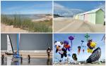 a beach, beach huts and inflatable animals flying as kites
