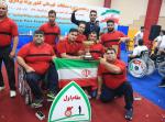 a group of male powerlifters holding an Iran flag and a trophy