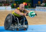 Ryley Batt AUS enters the scoring zone in the Gold Medal Match in the Mixed Wheelchair Rugby Between AUS and USA