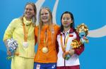 three female Para swimmers including Liesette Bruinsma and Maja Reichard on the podium with their medals  