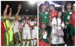 two groups of blind footballers from Russia and Morocco celebrating with a trophy