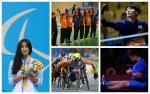 Collage with a swimmer, powerlifter, goalball team, wheelchair racer and table tennis player