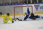 A man on sledge hockey scoring a goal against a goalkeeper trying to defend the puck