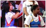 female Para powerlifters Leidy Rodriguez and Clara Fuentes sitting on the bench