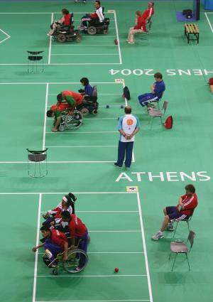 Athletes practice Boccia