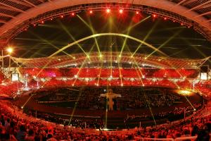 ATHENS - SEPTEMBER 28:  The lights at Olympic Stadium turn red symbolizing the handover of the Paralympic games to Beijing during the closing ceremonies for the 2004 Paralympic Games September 28, 2004  in Athens, Greece. (