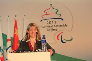 Natalia Dannenberg as Master of Ceremonies at the 2011 IPC General Assembly in Beijing
