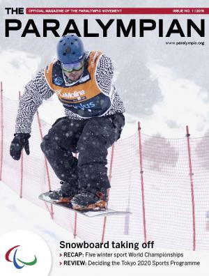 Cover photo of the magazine Paralympian showing snow-boarder on the slope.