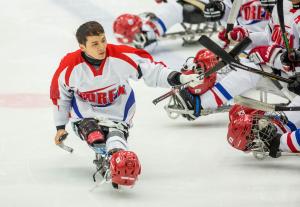Seung-Hwan Jung of South Korea competes at the 2015 IPC Ice Sledge Hockey World Championships B-Pool in Ostersund, Sweden